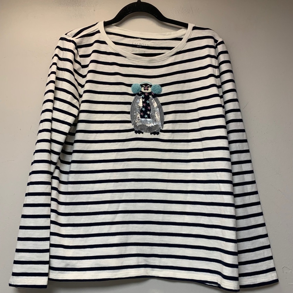 Talbots Penguin Sequin Stripe Top Womens LP White Navy Excellent Long Sleeve Tee
